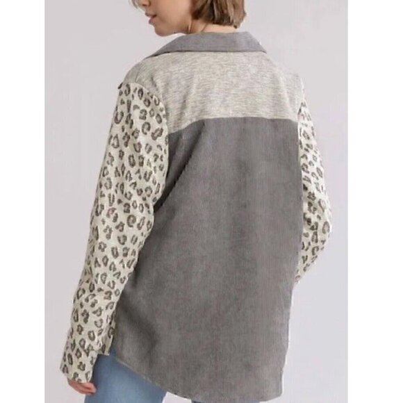 UMGEE Cream Ivory Gray Colorblock Leopard Animal Oversized Shacket Shirt Jacket - Picture 4 of 15